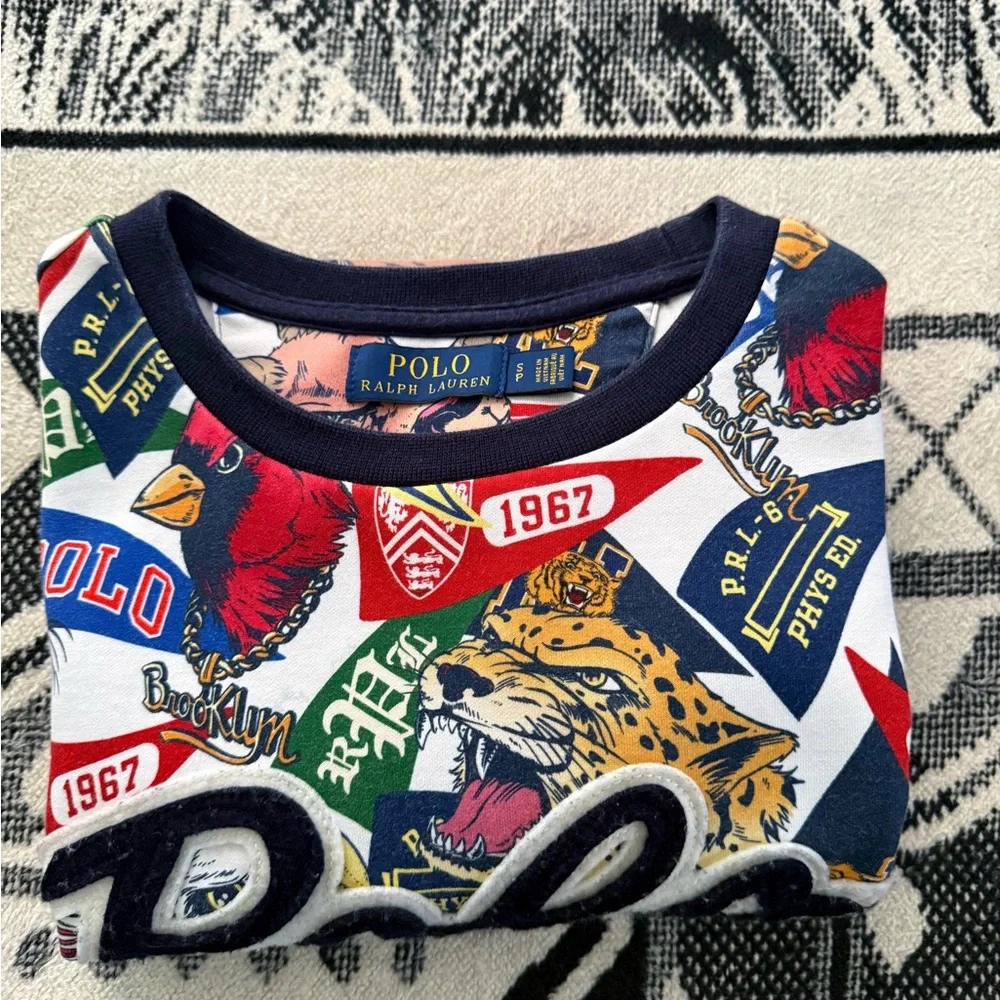 Polo Ralph Lauren University Mascot Graphic Scripted Patchwork Crewneck Sweater